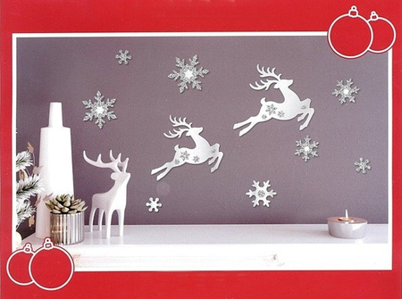 Naklejki 2D samoprzylepne RENIFERY ŚNIEŻYNKI SREBRNE LUSTRZANE BROKATOWE 14 szt. Arpex