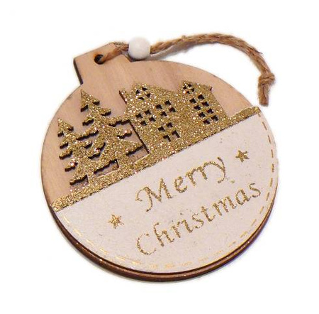 Bombka z drewna DOMKI i CHOINKI brokat złoto MERRY CHRISTMAS zawieszka Arpex