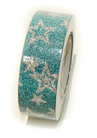 Taśma samoprzylepna brokatowa SREBRNO-NIEBIESKIE GWIAZDY 1,5 cm 10 m ASTRA