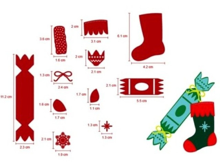 Wykrojniki ŚWIĄTECZNA SKARPETA, PREZENT CUKIEREK - FIRST EDITION CHRISTMAS DIES 11 szt. Dovecraft