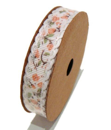 Tasiemka rypsowa koronka BIAŁA W RÓŻE 1,5 cm 1,8 m CAT