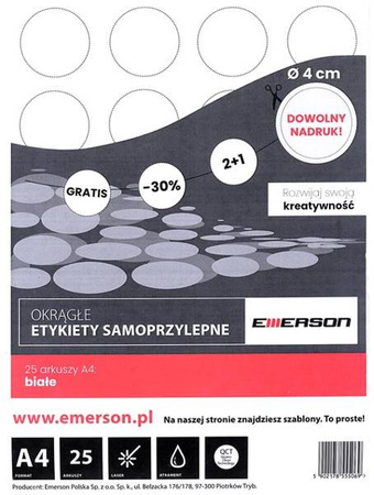 Etykiety samoprzylepne kółka BIAŁE 40 mm EMERSON