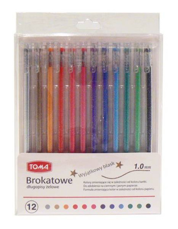 Długopisy żelowe BROKATOWE 12 kolorów TOMA