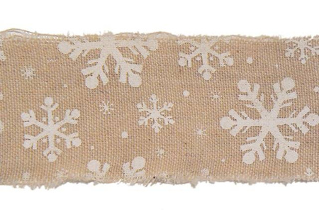 Taśma juta BEŻOWA NATURALNA w śnieżynki 5 cm x 3 m
